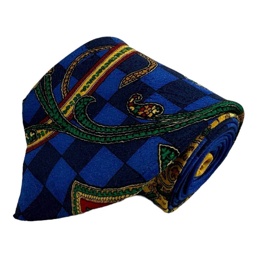 Gianni Versace VTG Pure Silk Blue Gold Paisley Check Tie 4 Inch Width Spain